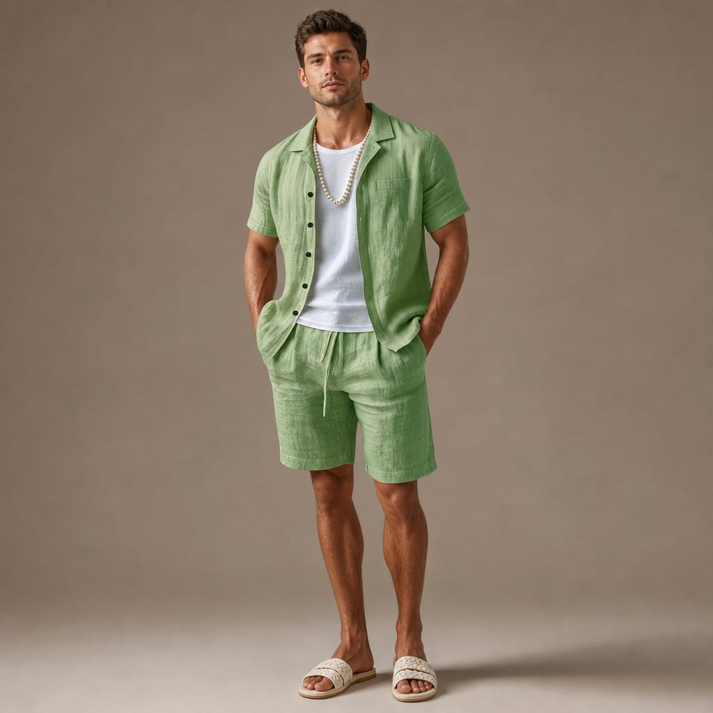 Linen Shirt and Shorts Set Regular Fit Short Sleeve Co-ord Green – Product Photo