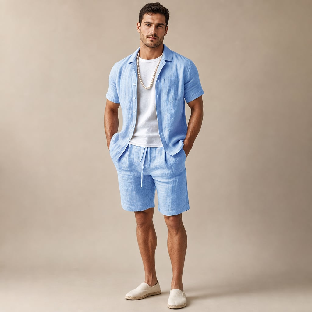 Linen Shirt and Shorts Set Regular Fit Short Sleeve Co-ord Sky blue – Product Photo