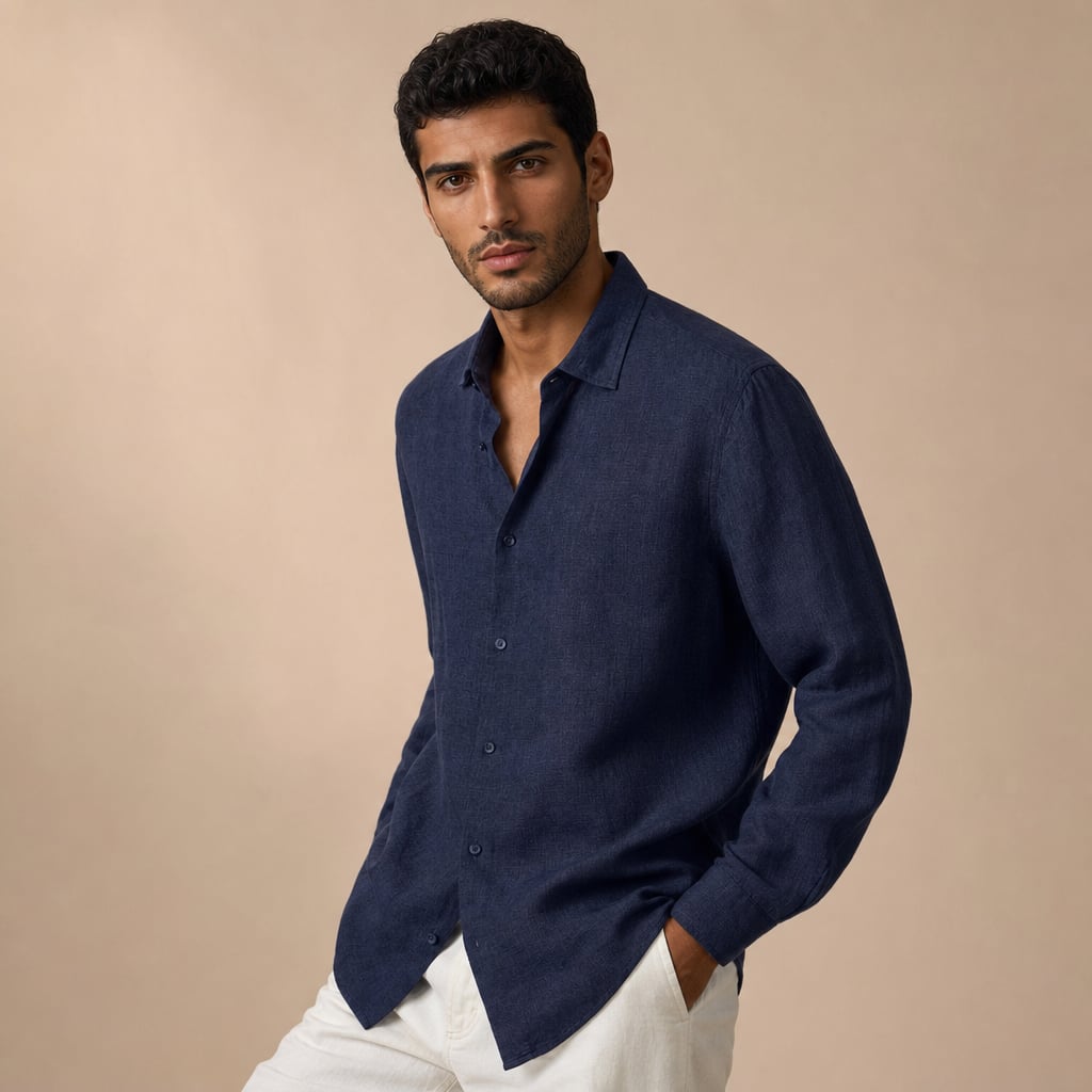 Linen Shirt Breathable Classic Fit Blu Scuro – Side Angle View