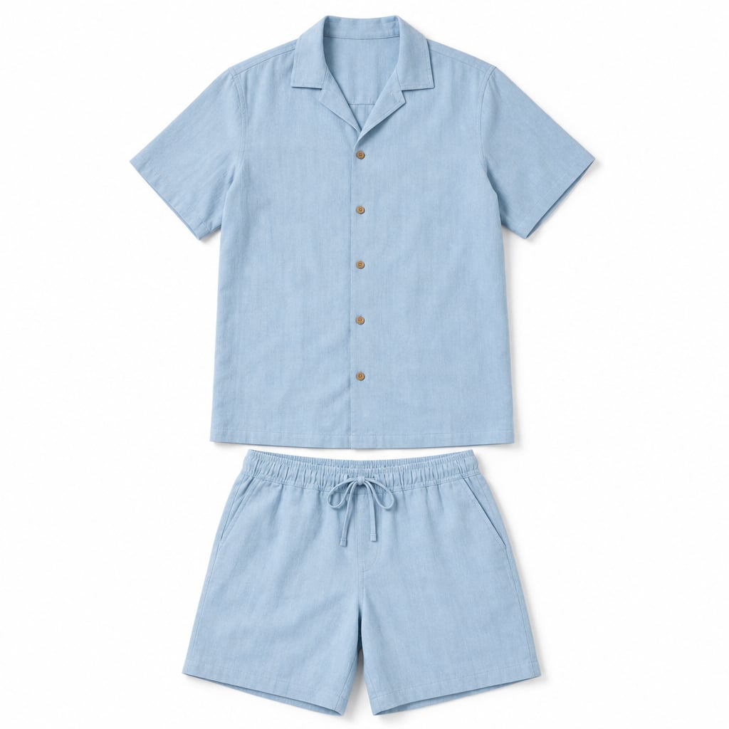 Linen Shirt Men Camp Collar Shorts Set Ribbed Weave Sky Blue – Product Photo