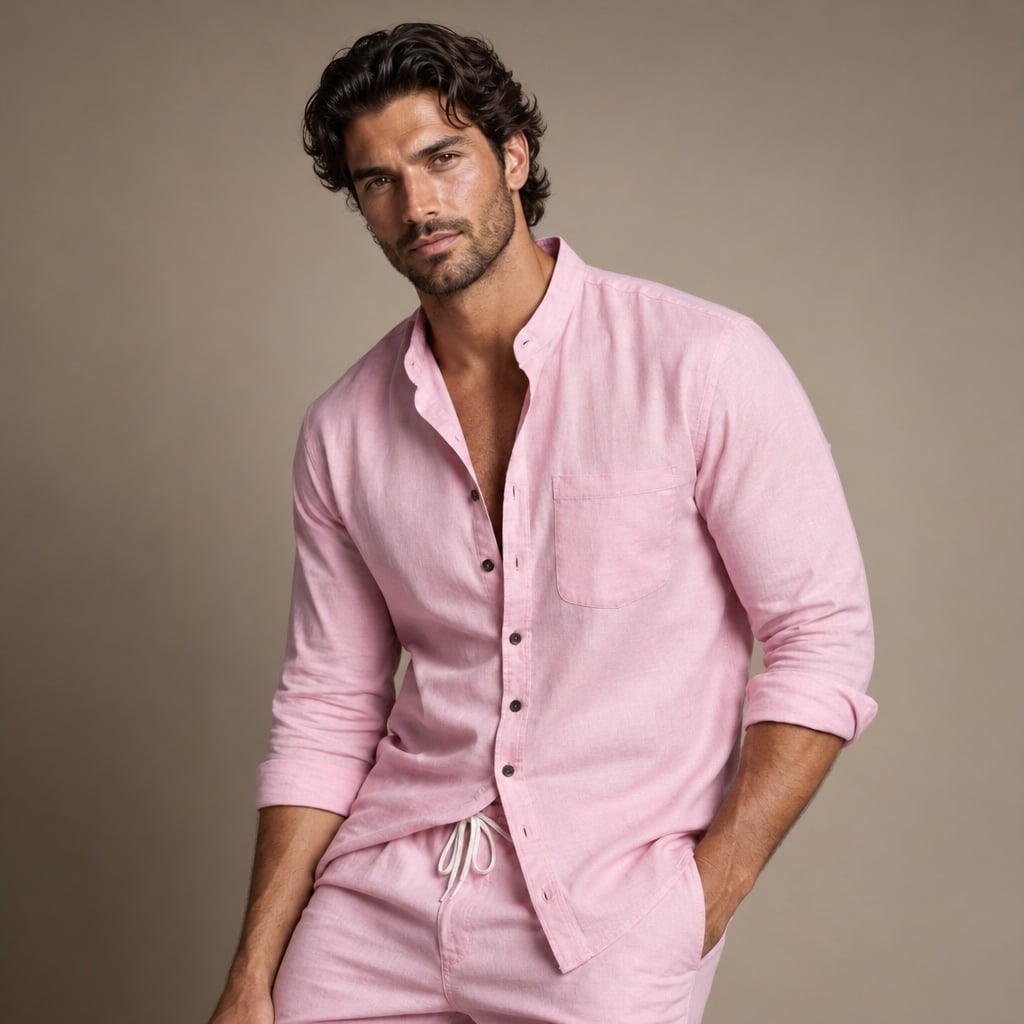 Linen Shirt Men Long Sleeve and Trousers Set Band Collar Light Pink – Side Angle View