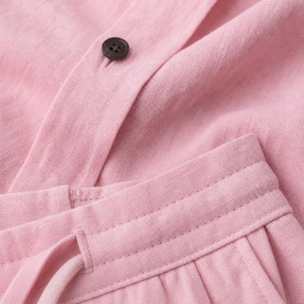 Linen Shirt Men Long Sleeve and Trousers Set Band Collar Light Pink – Fabric and Detail Close-Up