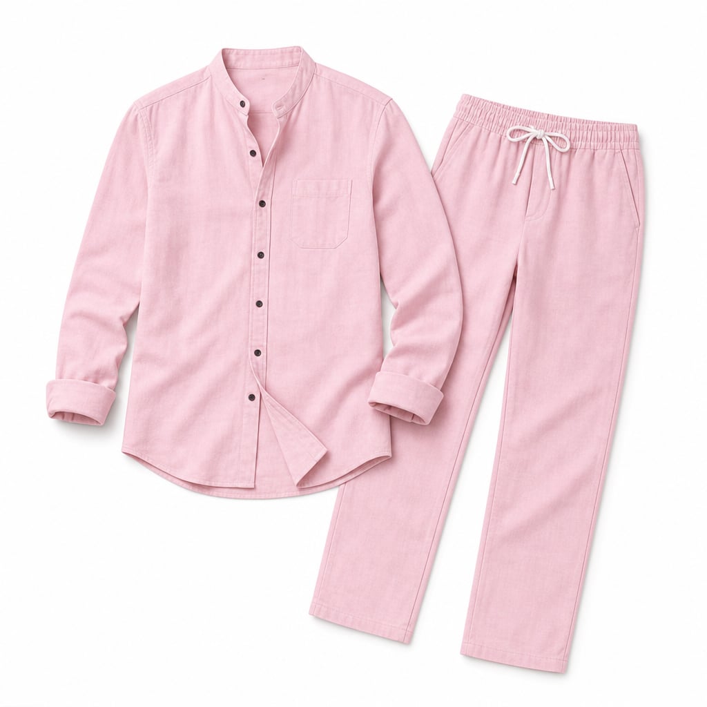 Linen Shirt Men Long Sleeve and Trousers Set Band Collar Light Pink – Product Photo