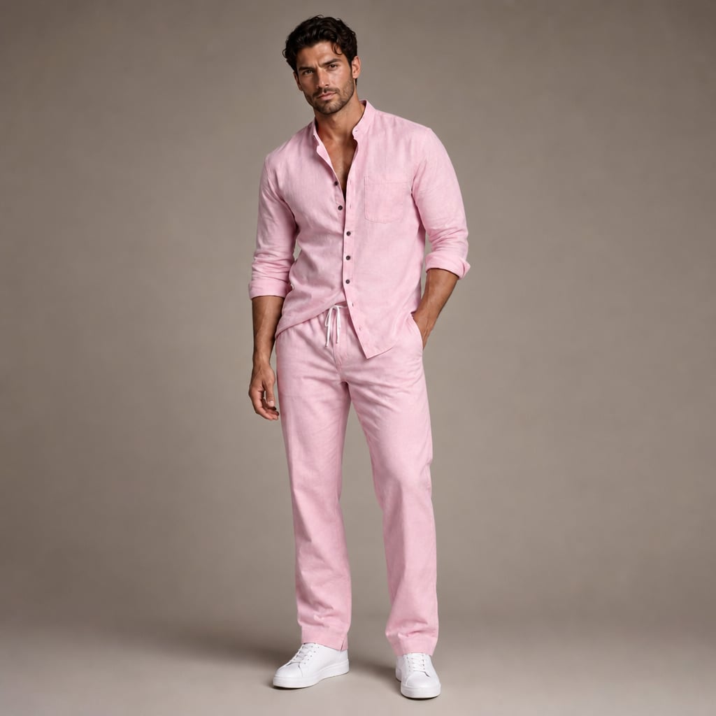 Linen Shirt Men Long Sleeve and Trousers Set Band Collar in Light Pink – Tarlano Premium Menswear