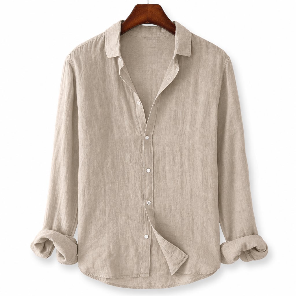 Long Sleeve Button Front Summer Shirt in Light Beige Light Beige – Product Photo