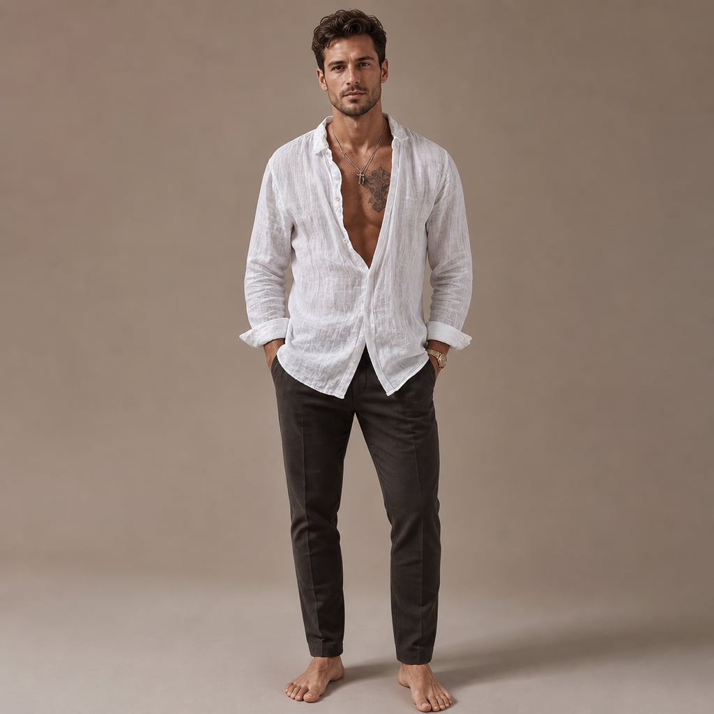 Long Sleeve Button Front Summer Shirt in Light Beige White – Full Look