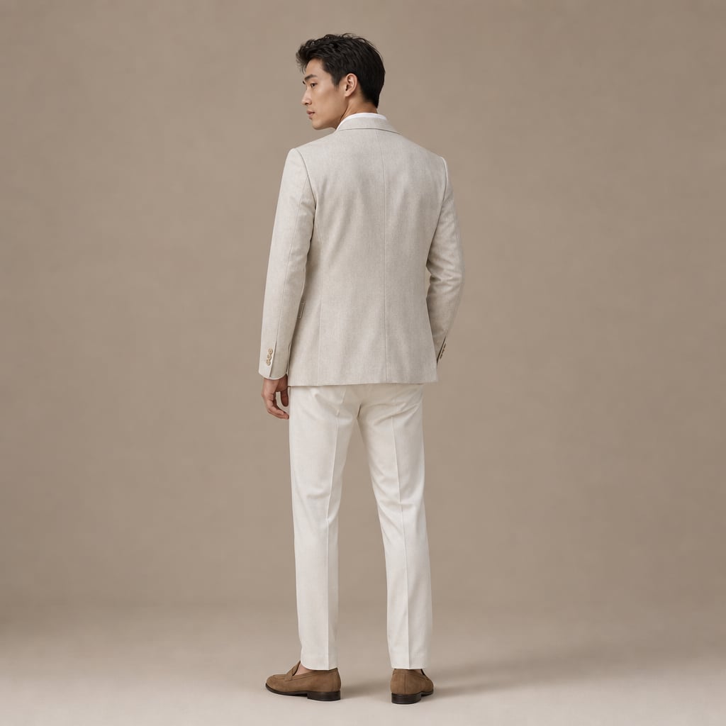 Mens Blazer Linen-Blend Lapel Tailored Fit Beige – Side Angle View