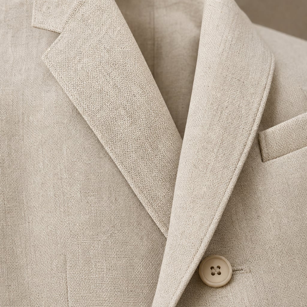 Mens Blazer Linen-Blend Lapel Tailored Fit Beige – Fabric and Detail Close-Up