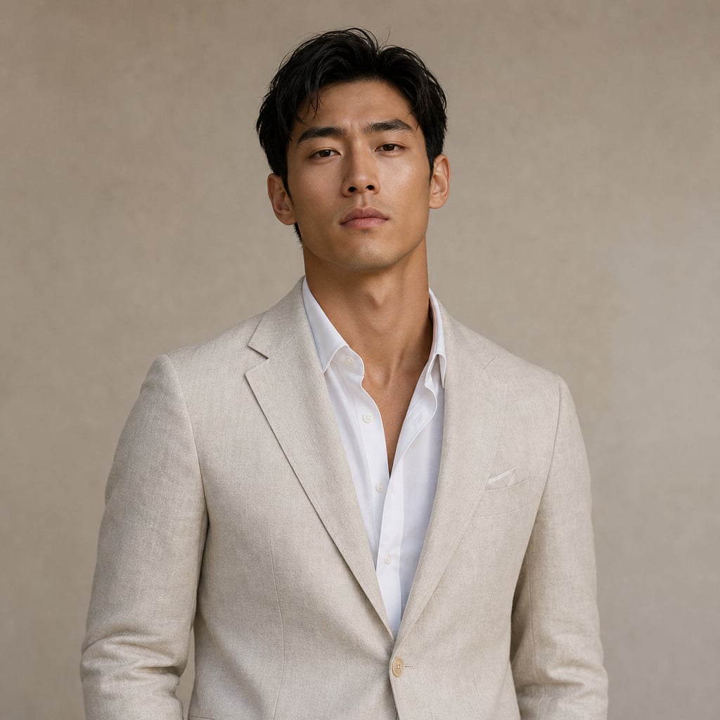 Mens Blazer Linen-Blend Lapel Tailored Fit Beige – Full Look