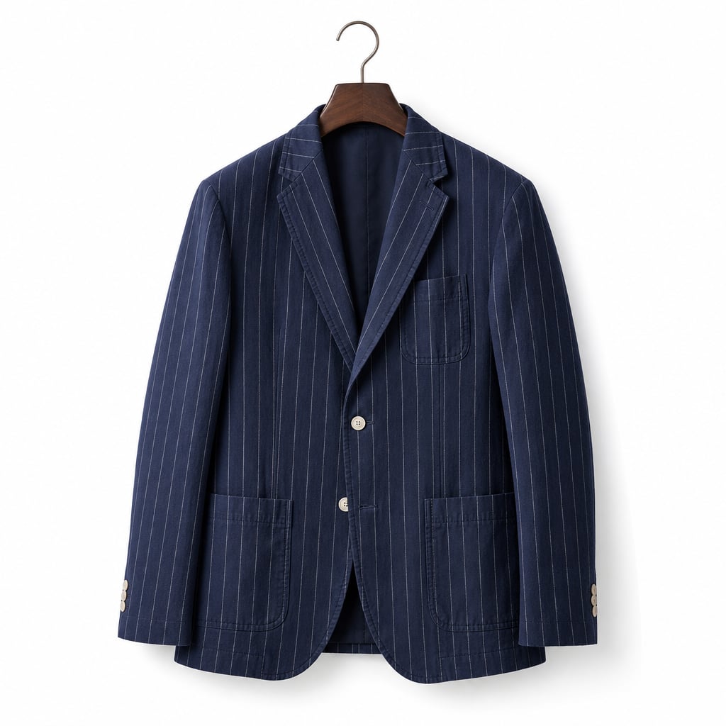 Mens Blazer Woven Stripe Linen Notch Lapel Unstructured Navy – Product Photo
