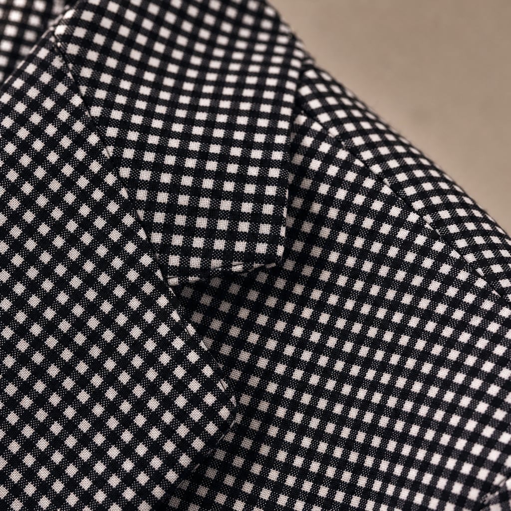 Men's Check Two-Piece Set Short Sleeve Blazer and Matching Shorts Black – Fabric and Detail Close-Up