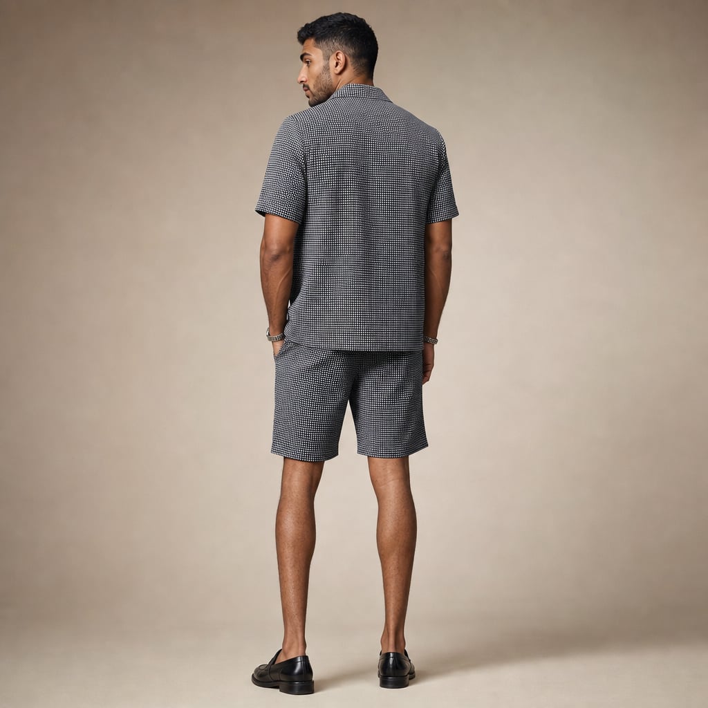Men's Check Two-Piece Set Short Sleeve Blazer and Matching Shorts Black – Full Look