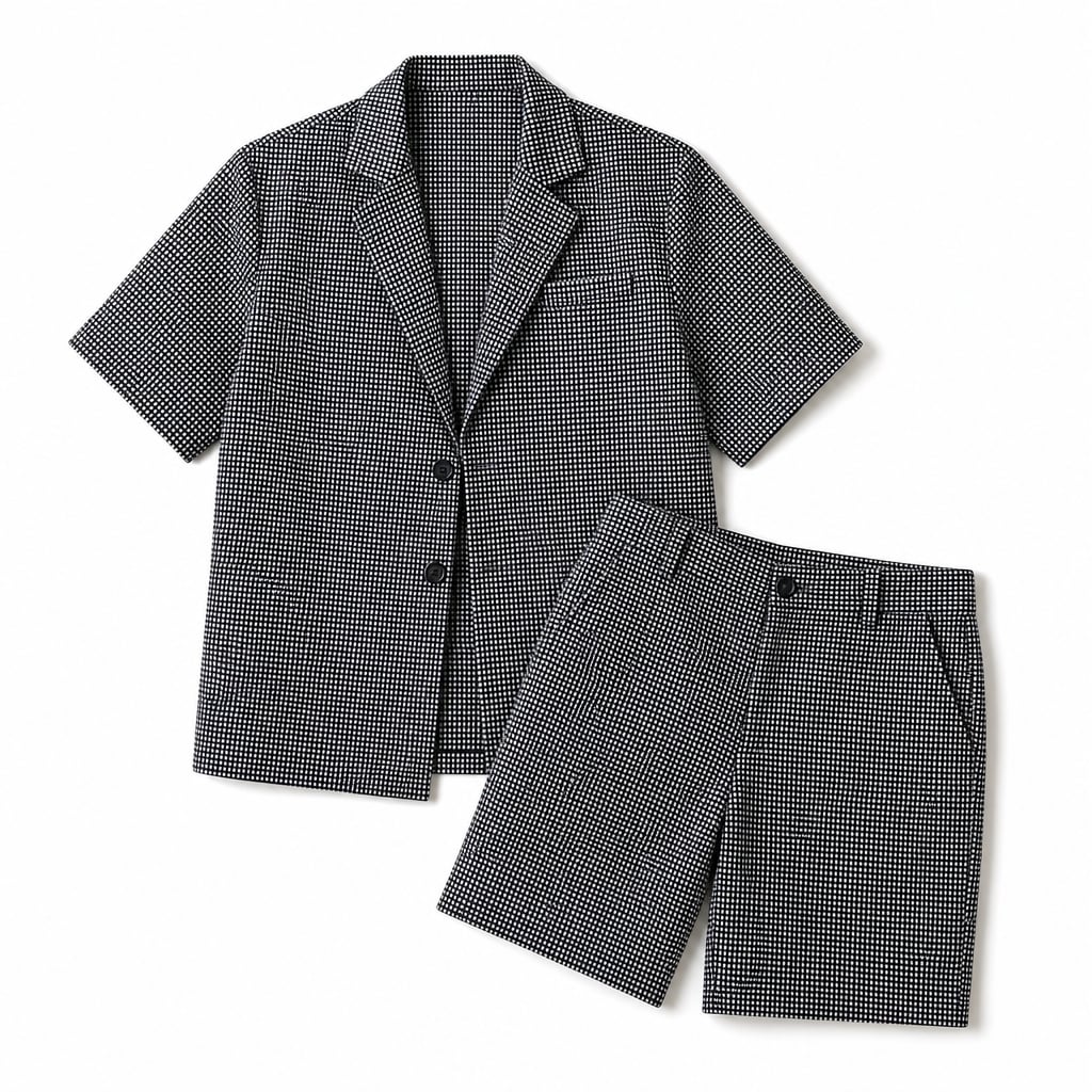 Men's Check Two-Piece Set Short Sleeve Blazer and Matching Shorts Black – Product Photo