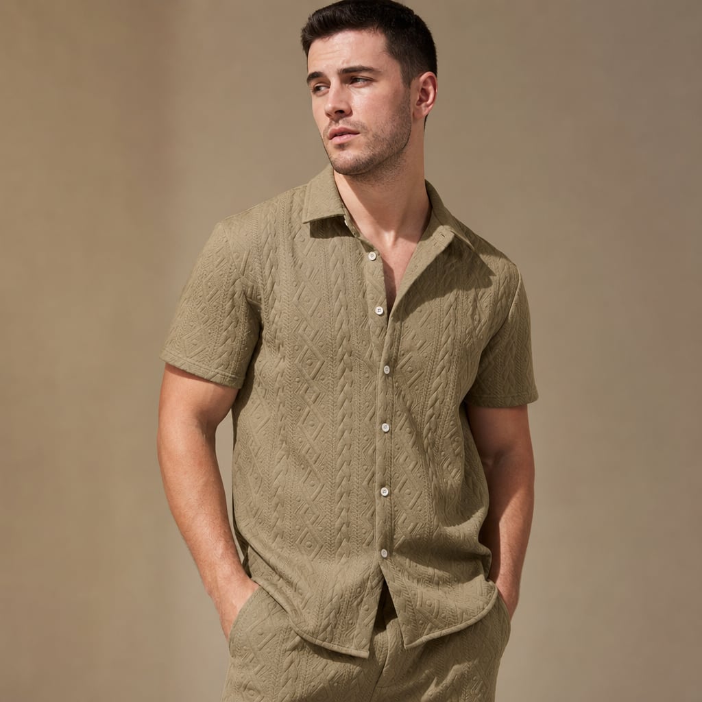 Mens Co Ord Set Knitted Camp Collar Shirt and Shorts Khaki – Side Angle View