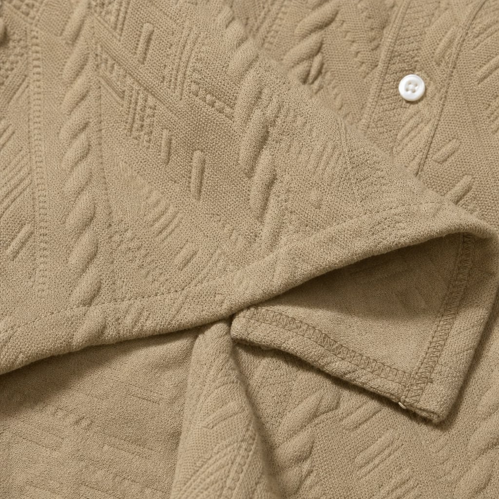 Mens Co Ord Set Knitted Camp Collar Shirt and Shorts Khaki – Fabric and Detail Close-Up