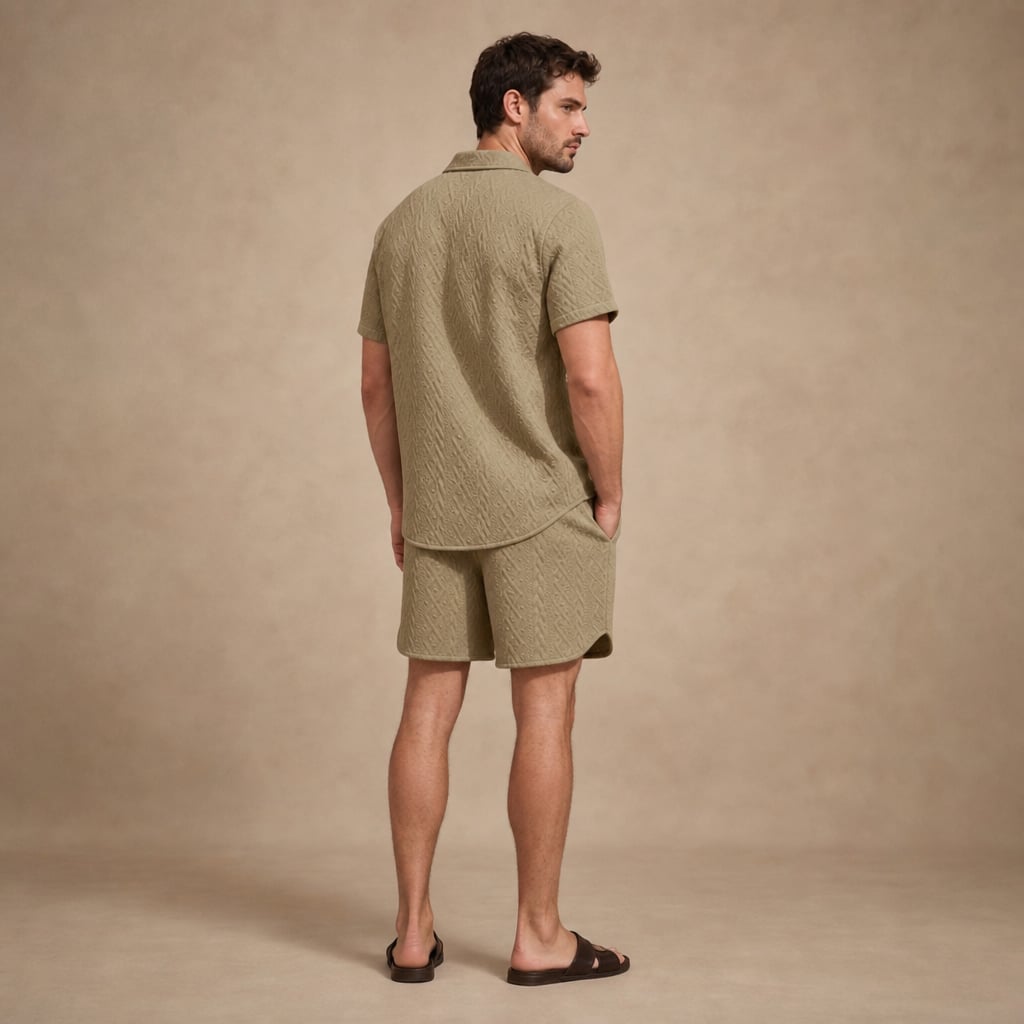 Mens Co Ord Set Knitted Camp Collar Shirt and Shorts Khaki – Full Look