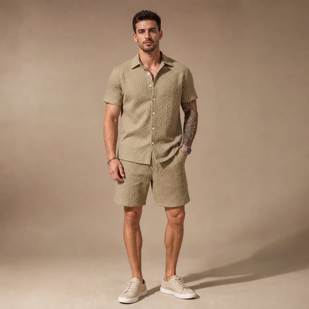 Mens Co Ord Set Knitted Camp Collar Shirt and Shorts in Khaki – Tarlano Premium Menswear