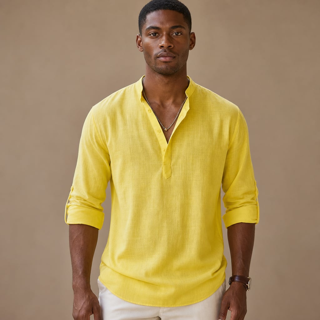 Men's Linen Cotton Blend Long Sleeve Stand Collar Shirt in Lemon Yellow – Tarlano Premium Menswear