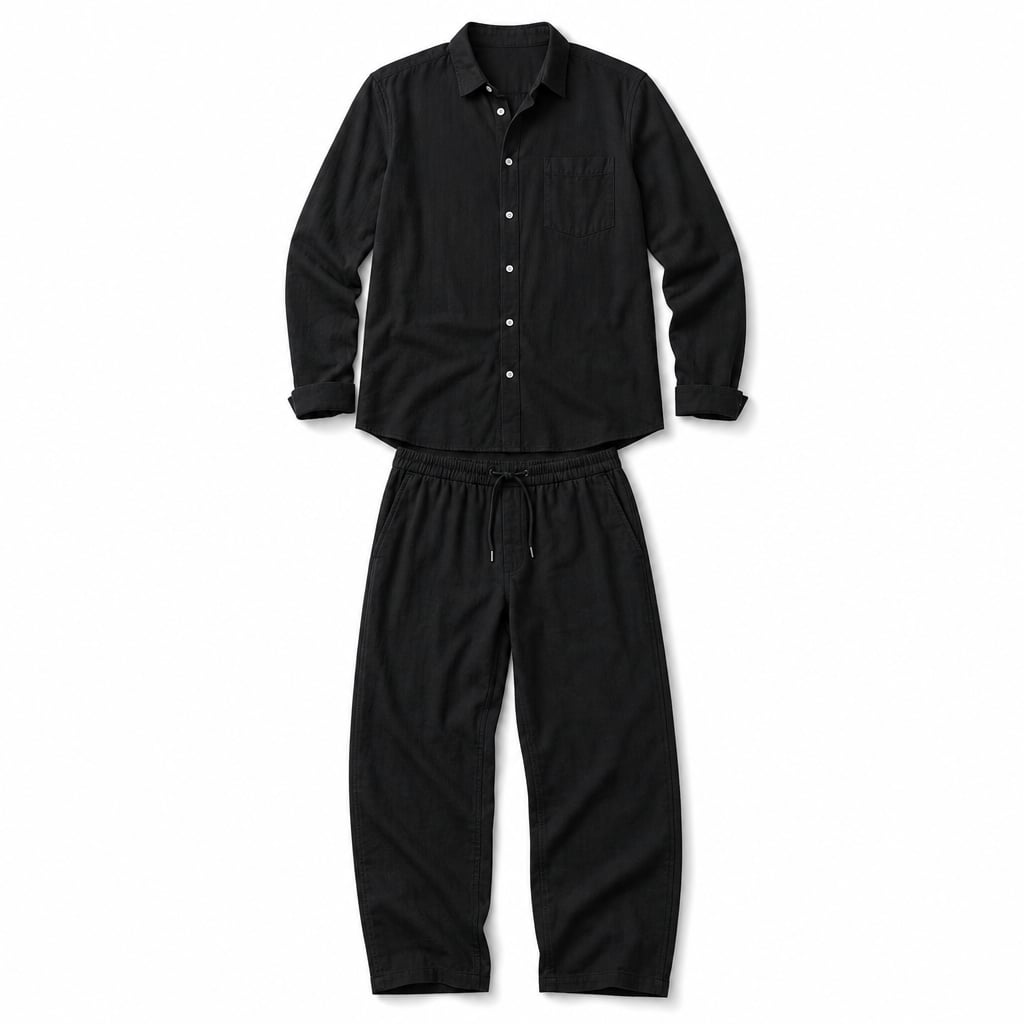 Men's Linen Cotton Blend Set Shirt and Trousers Smart Casual Black – Product Photo
