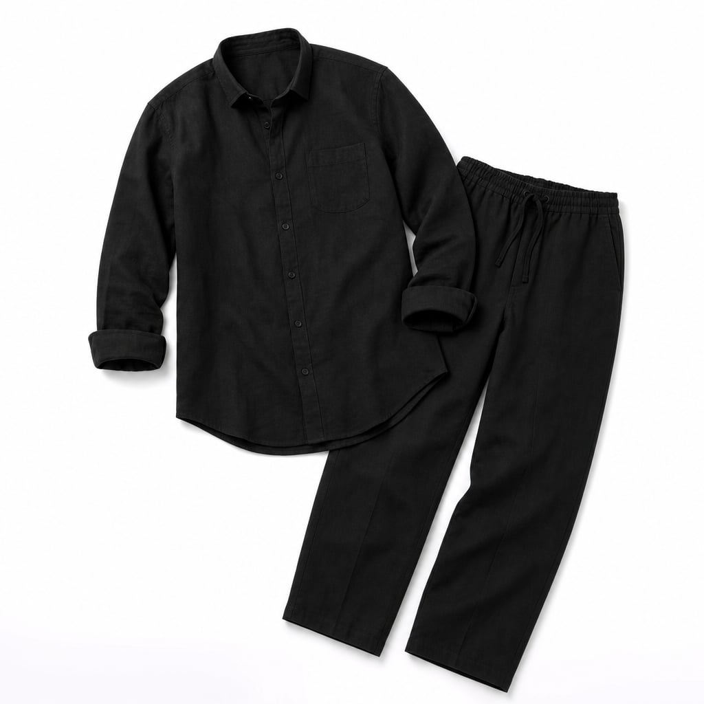 Men's Linen Two-Piece Set Button Shirt and Matching Trousers Black – Product Photo