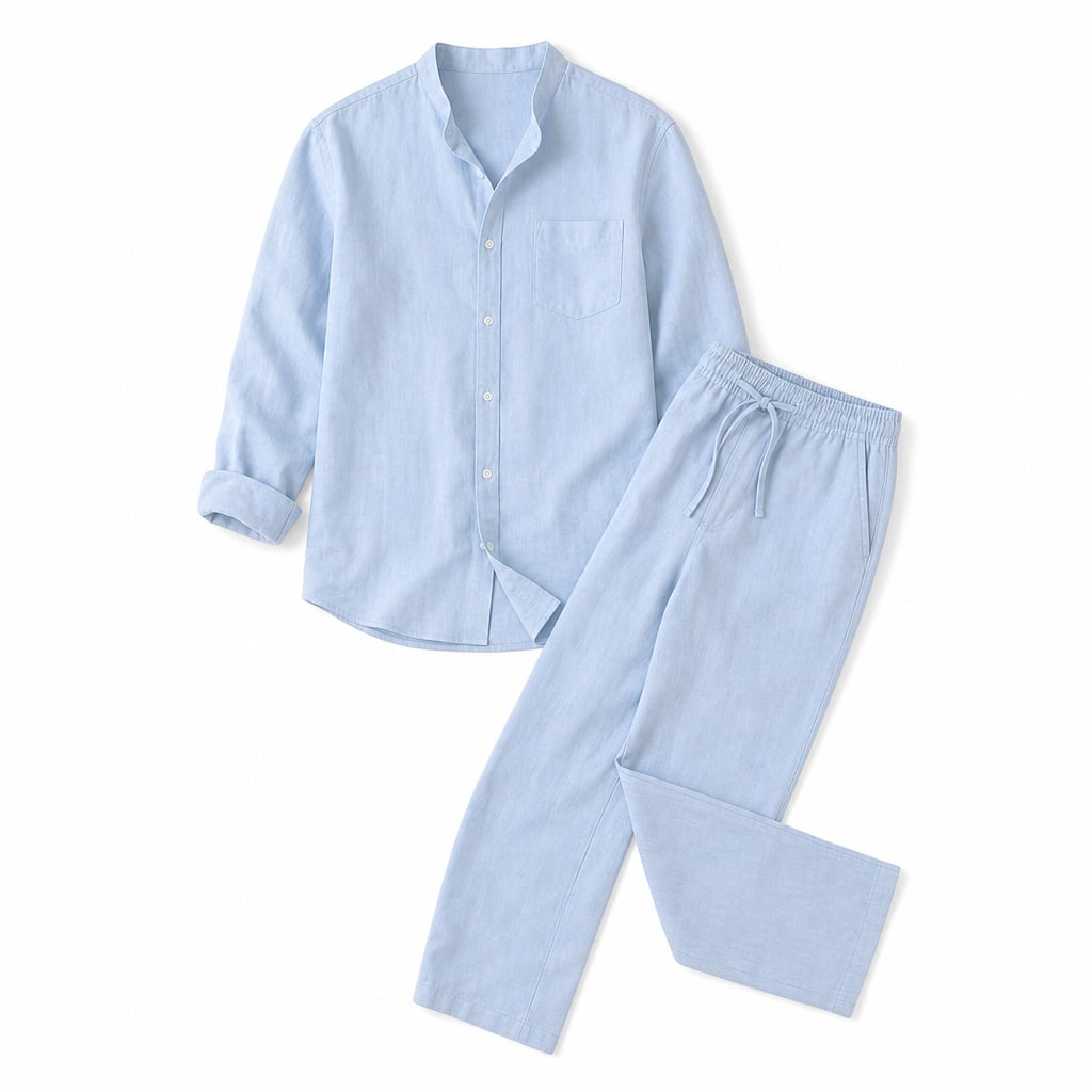 Men's Linen Two-Piece Set Button Shirt and Matching Trousers Light Blue – Product Photo