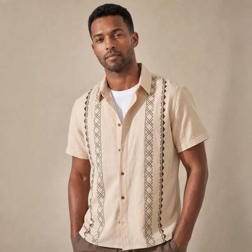 Mens Pant & Geometric Print Shirt Set Linen Blend Cropped Beige Beige – Side Angle View