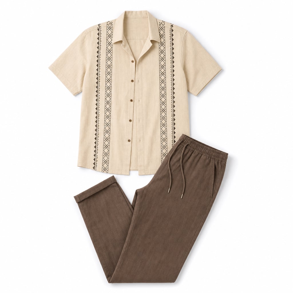 Mens Pant & Geometric Print Shirt Set Linen Blend Cropped Beige Beige – Product Photo