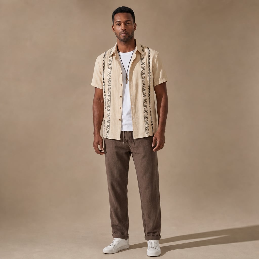 Mens Pant & Geometric Print Shirt Set Linen Blend Cropped Beige in Beige – Tarlano Premium Menswear
