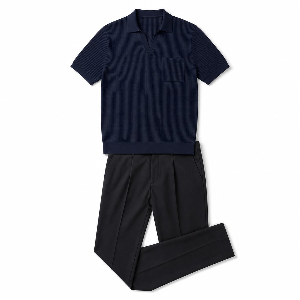 Mens Pant & Waffle Polo Set Slim Tapered 2-Piece Smart Casual Navy – Product Photo