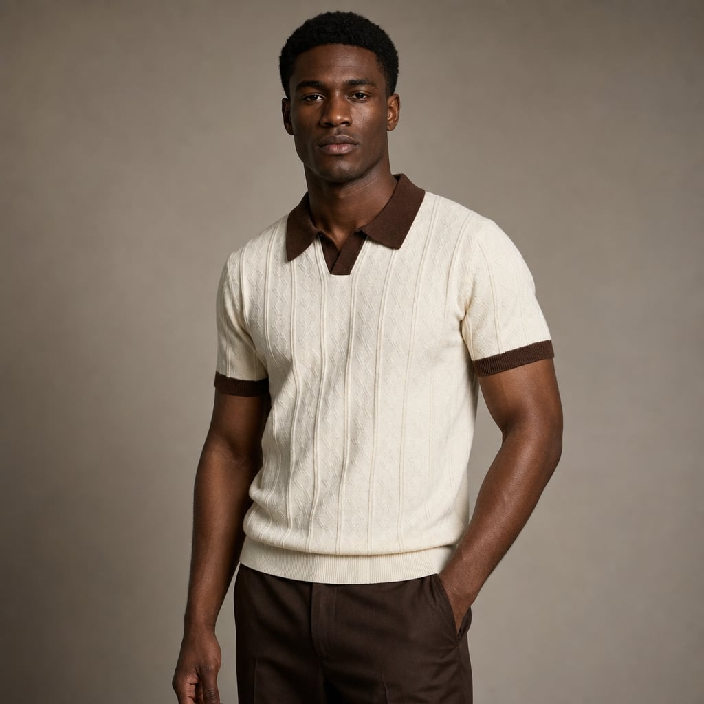 Mens Polo Cable Knit Contrast Trim Short Sleeve Cream Brown Cream/Brown – Side Angle View