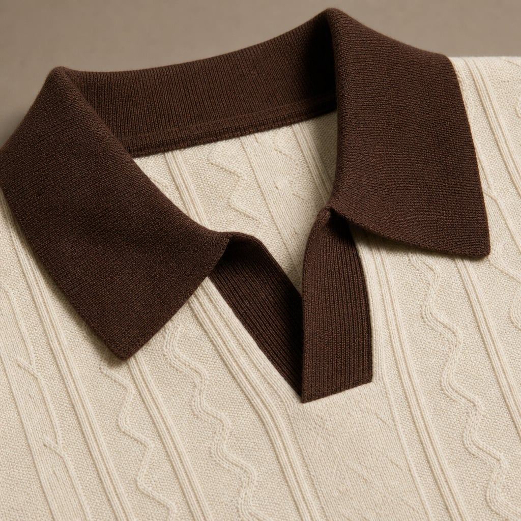 Mens Polo Cable Knit Contrast Trim Short Sleeve Cream Brown Cream/Brown – Fabric and Detail Close-Up