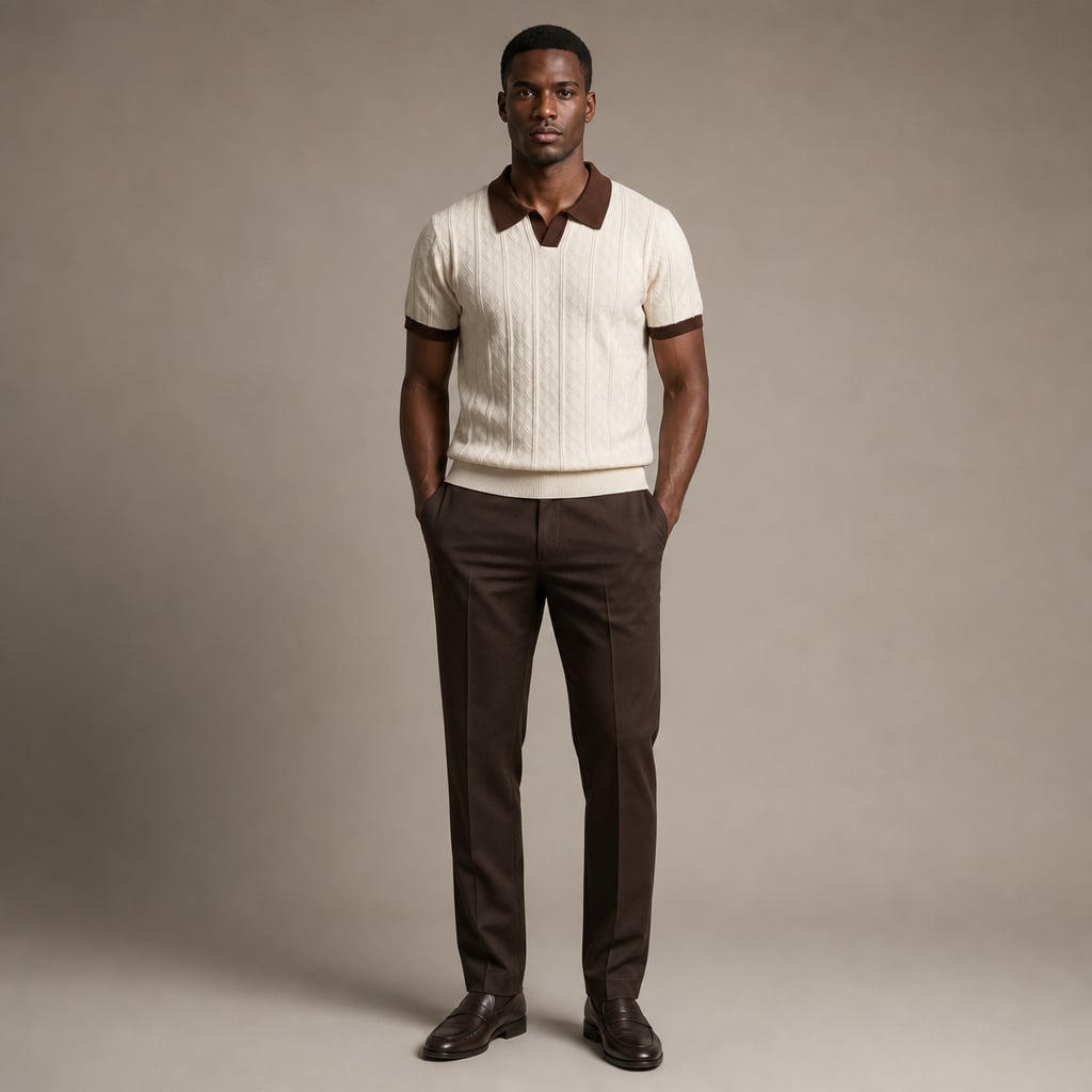 Mens Polo Cable Knit Contrast Trim Short Sleeve Cream Brown Cream/Brown – Full Look