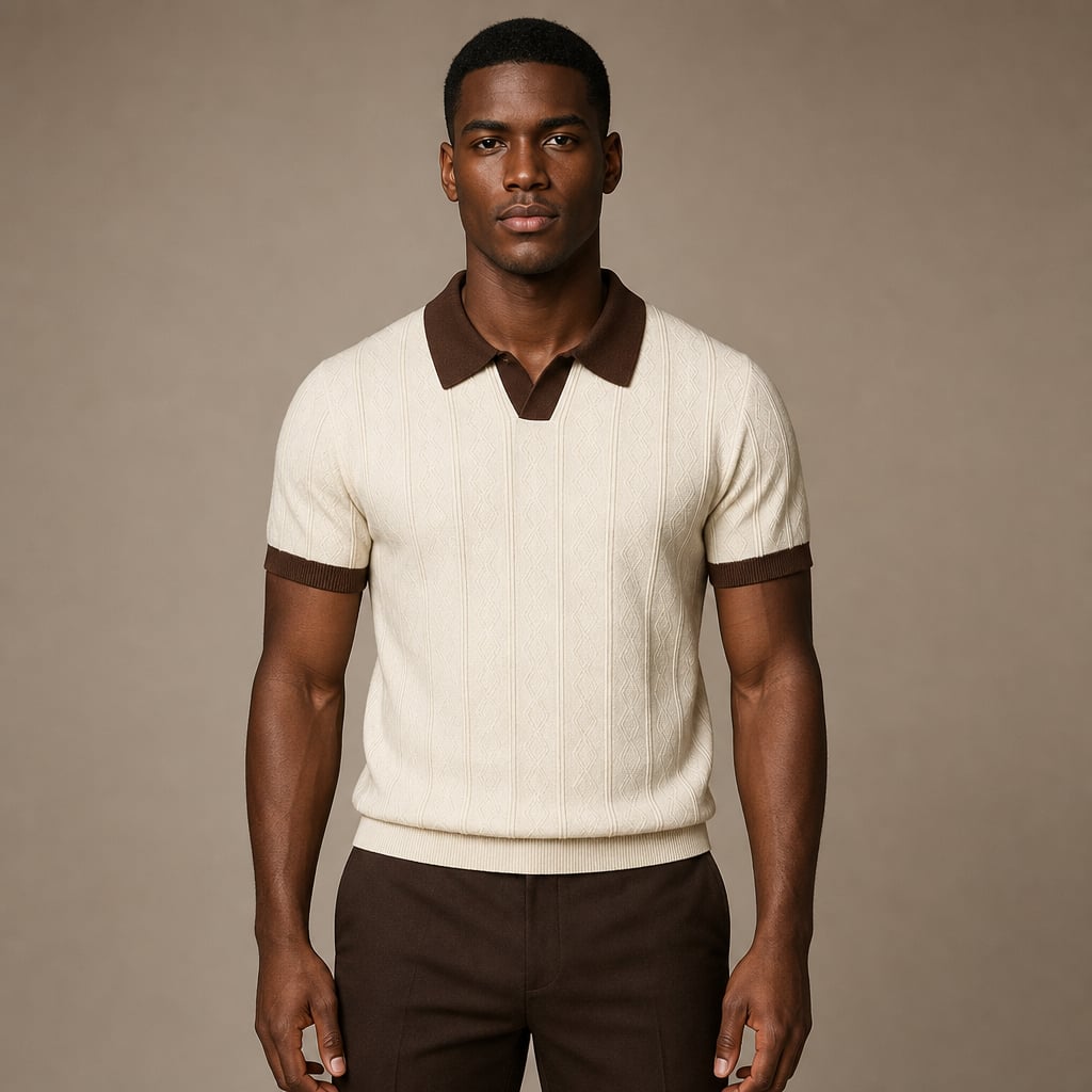 Mens Polo Cable Knit Contrast Trim Short Sleeve Cream Brown in Cream/Brown – Tarlano Premium Menswear