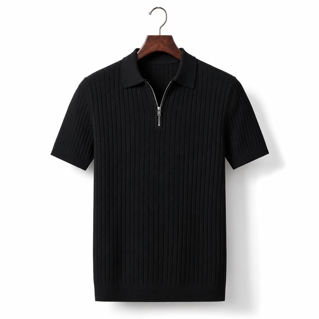 Mens Polo Shirt Striped Knit Short Sleeve Black – Product Photo