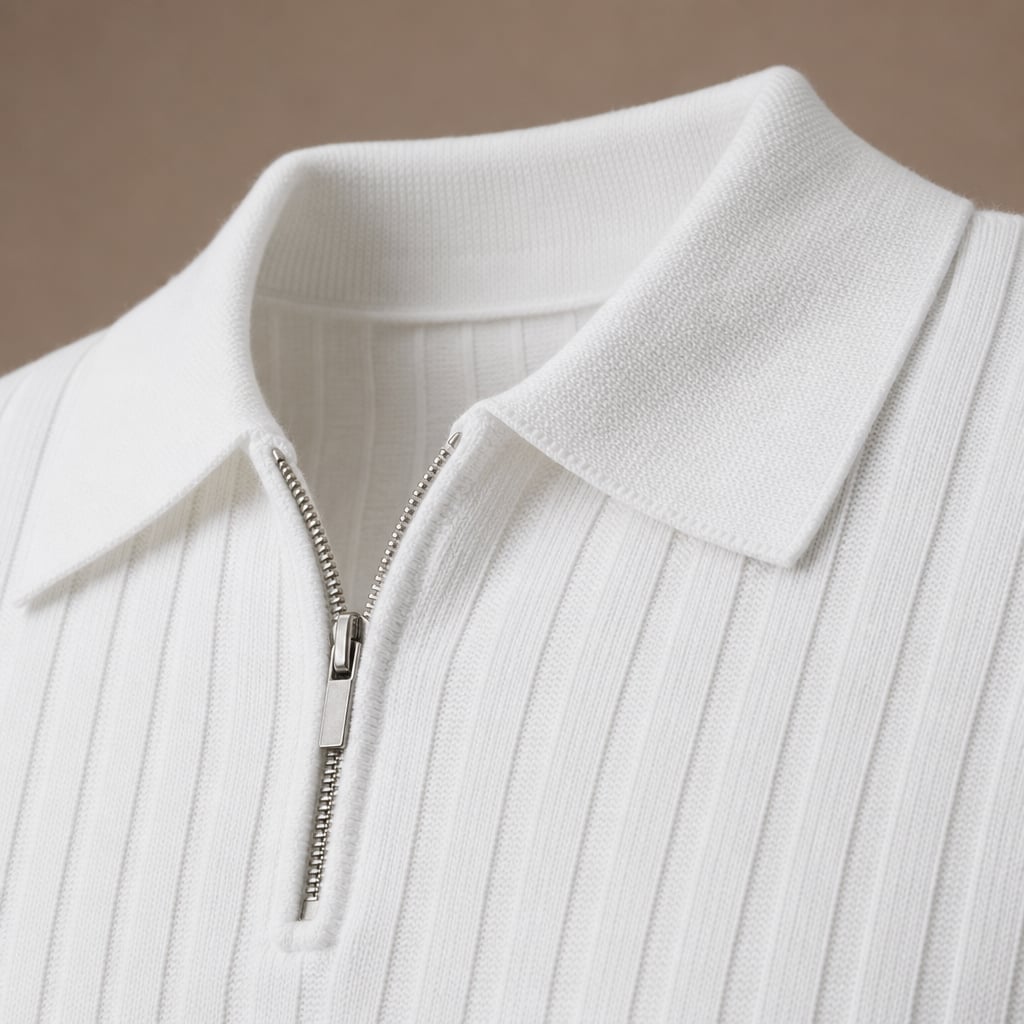Mens Polo Shirt Striped Knit Short Sleeve White – Fabric and Detail Close-Up