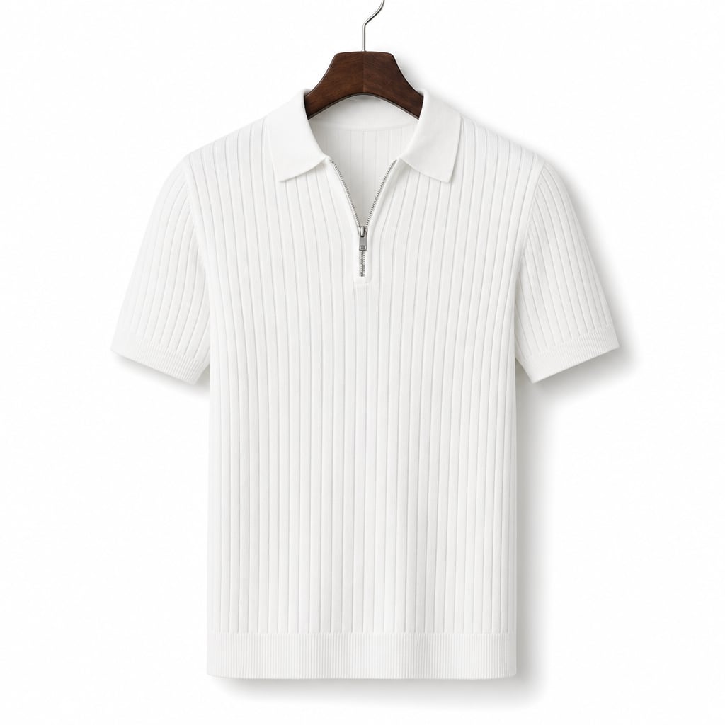 Mens Polo Shirt Striped Knit Short Sleeve White – Product Photo