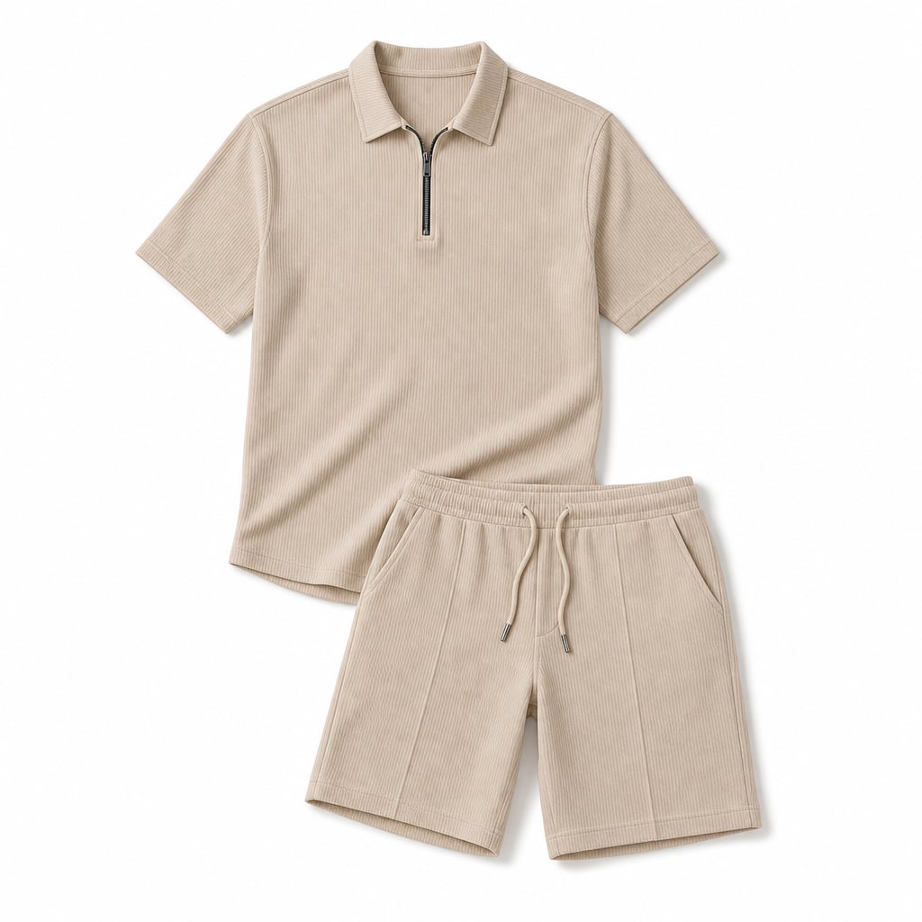 Mens Short and Polo Ribbed Matching Set Quarter-Zip Beige – Product Photo