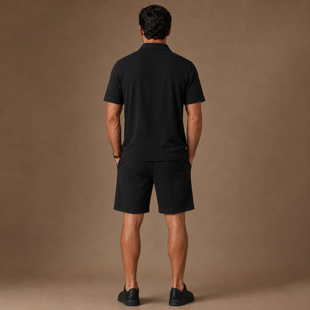 Mens Short and Polo Ribbed Matching Set Quarter-Zip Black – Full Look