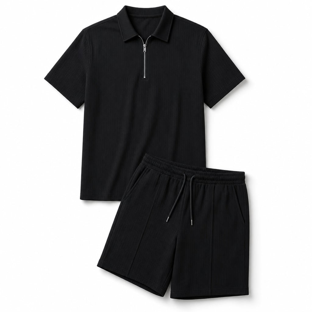 Mens Short and Polo Ribbed Matching Set Quarter-Zip Black – Product Photo
