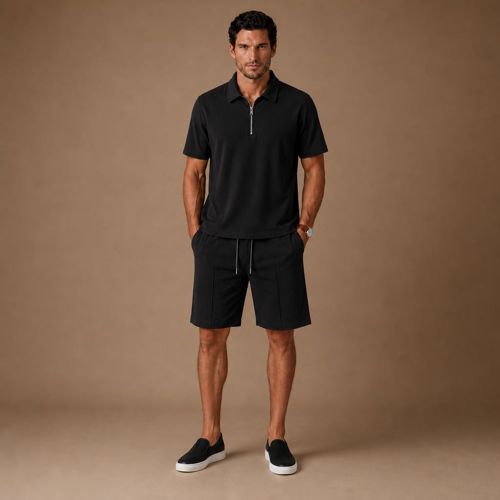 Mens Short and Polo Ribbed Matching Set Quarter-Zip in Black – Tarlano Premium Menswear
