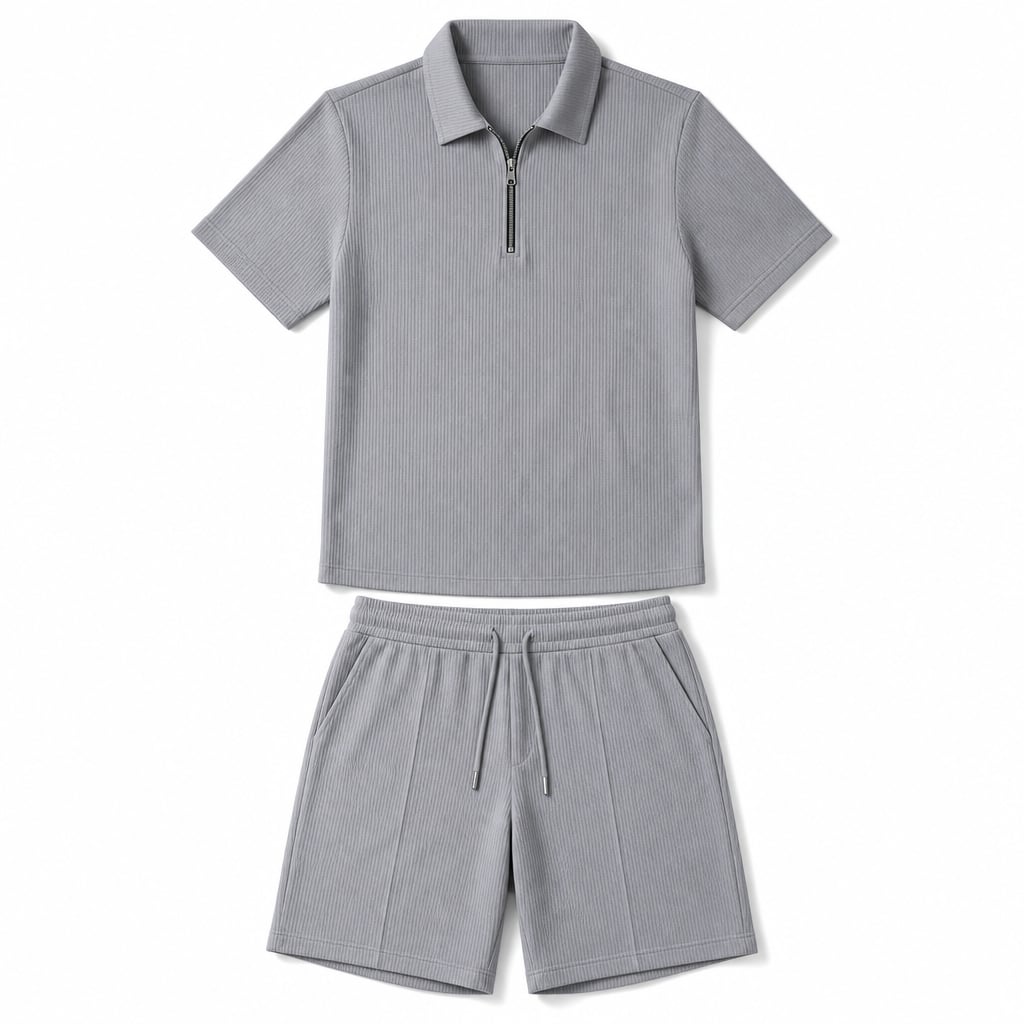 Mens Short and Polo Ribbed Matching Set Quarter-Zip Gray – Product Photo