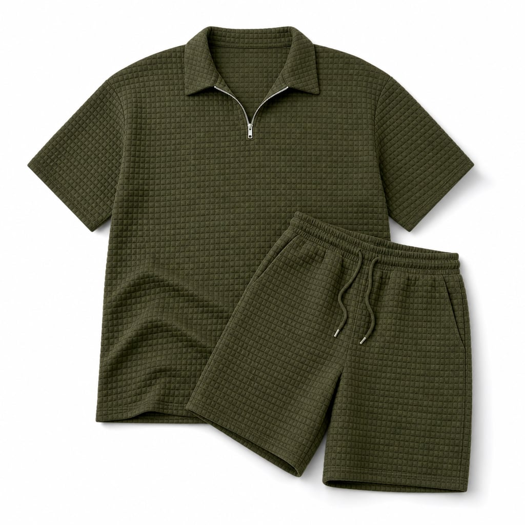 Mens Short and Polo Waffle Knit Set Relaxed Fit Army Green – Product Photo