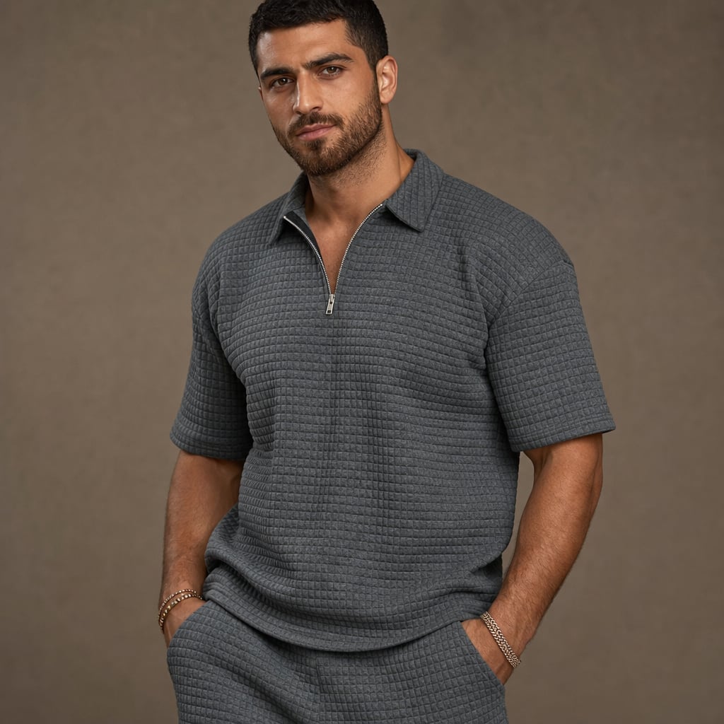 Mens Short and Polo Waffle Knit Set Relaxed Fit Dark Gray – Side Angle View