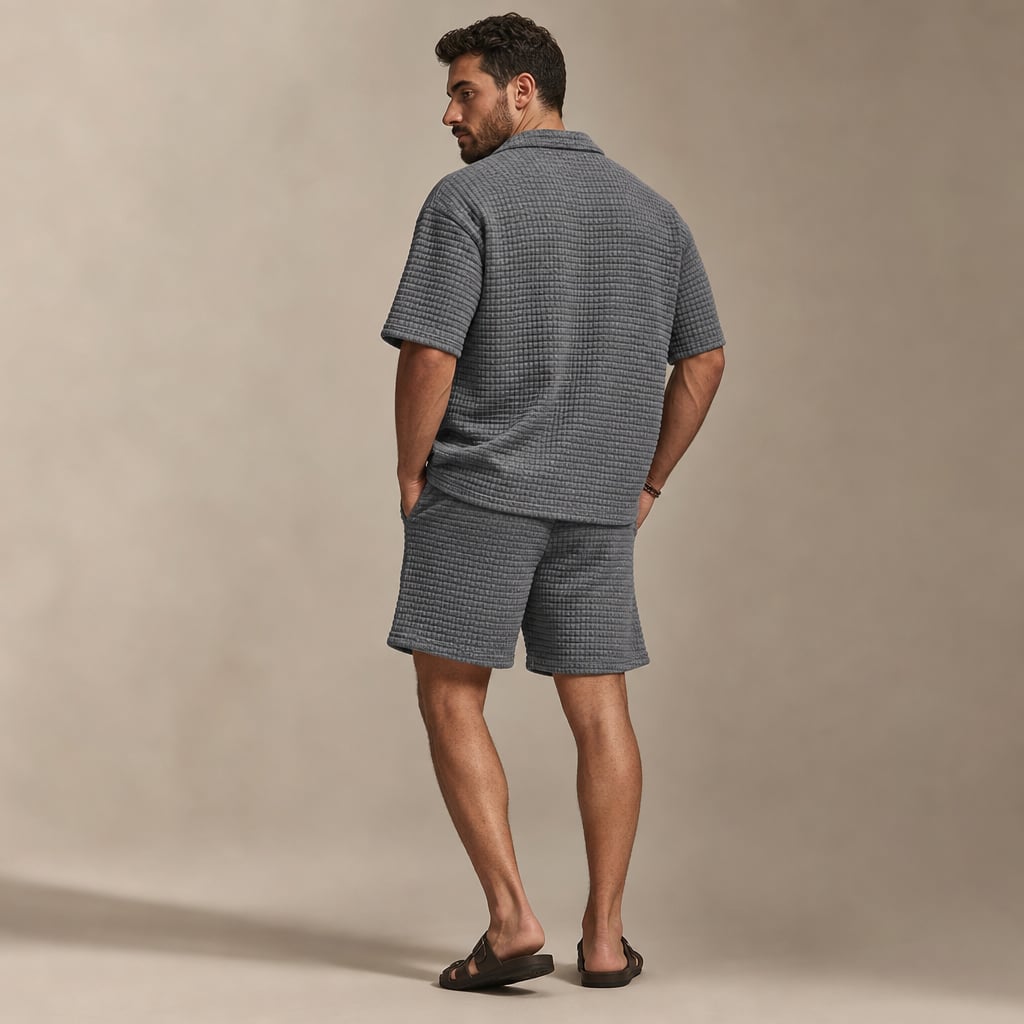 Mens Short and Polo Waffle Knit Set Relaxed Fit Dark Gray – Full Look