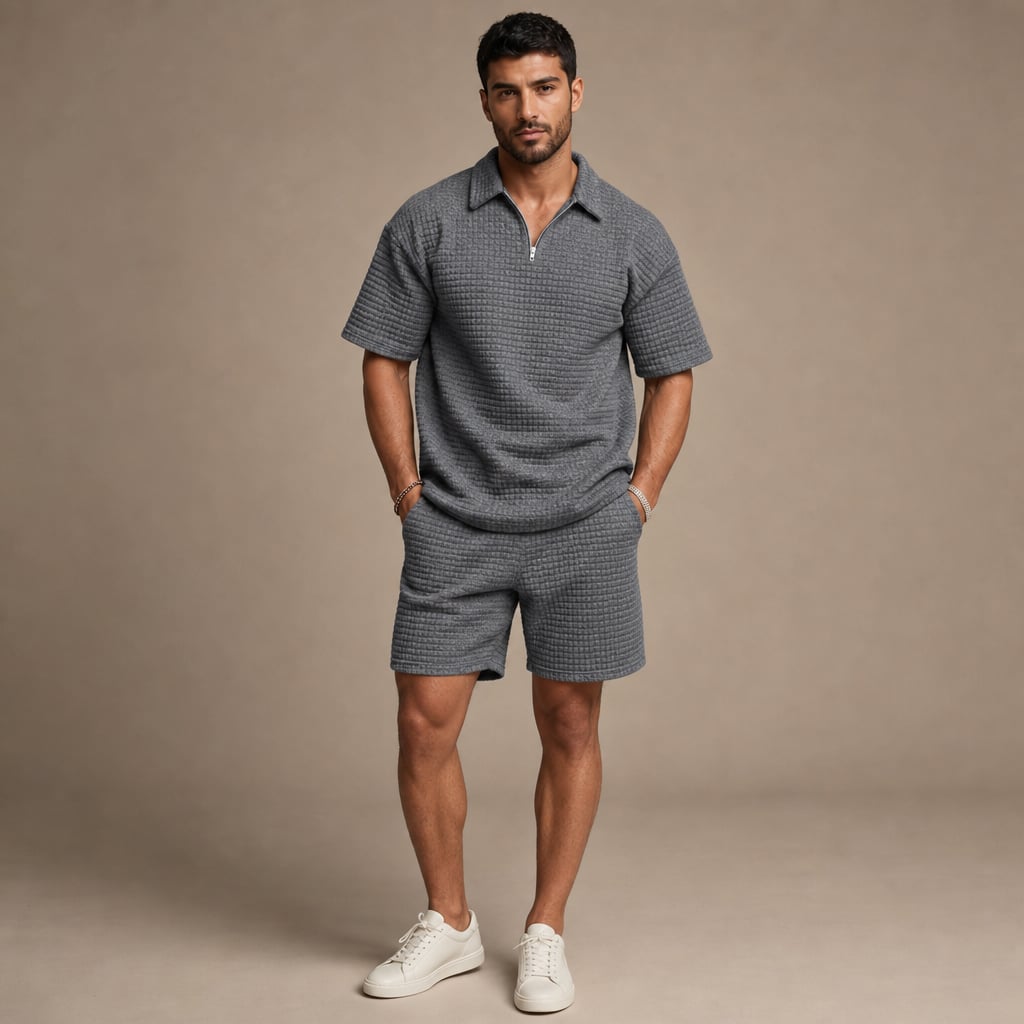 Mens Short and Polo Waffle Knit Set Relaxed Fit in Dark Gray – Tarlano Premium Menswear
