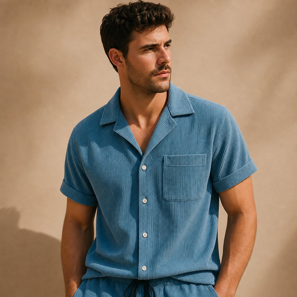 Mens Short and Shirt Corduroy Set Fine-Wale Camp Collar Co-Ord Blue – Side Angle View