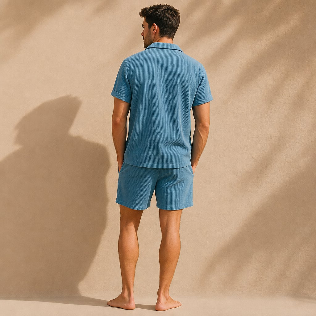Mens Short and Shirt Corduroy Set Fine-Wale Camp Collar Co-Ord Blue – Full Look