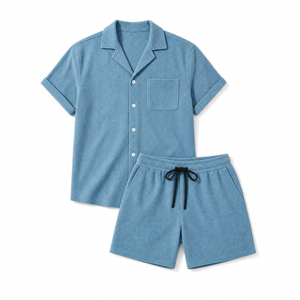 Mens Short and Shirt Corduroy Set Fine-Wale Camp Collar Co-Ord Blue – Product Photo