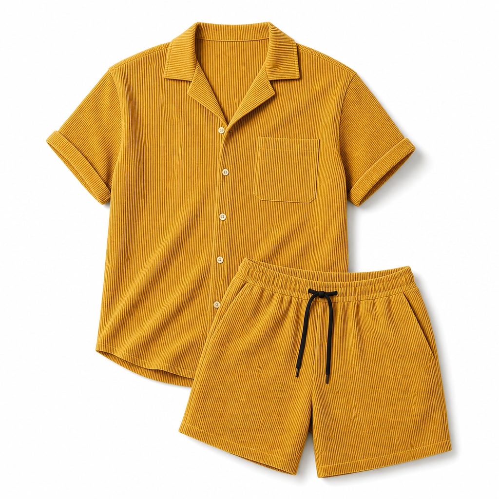 Mens Short and Shirt Corduroy Set Fine-Wale Camp Collar Co-Ord Yellow – Product Photo