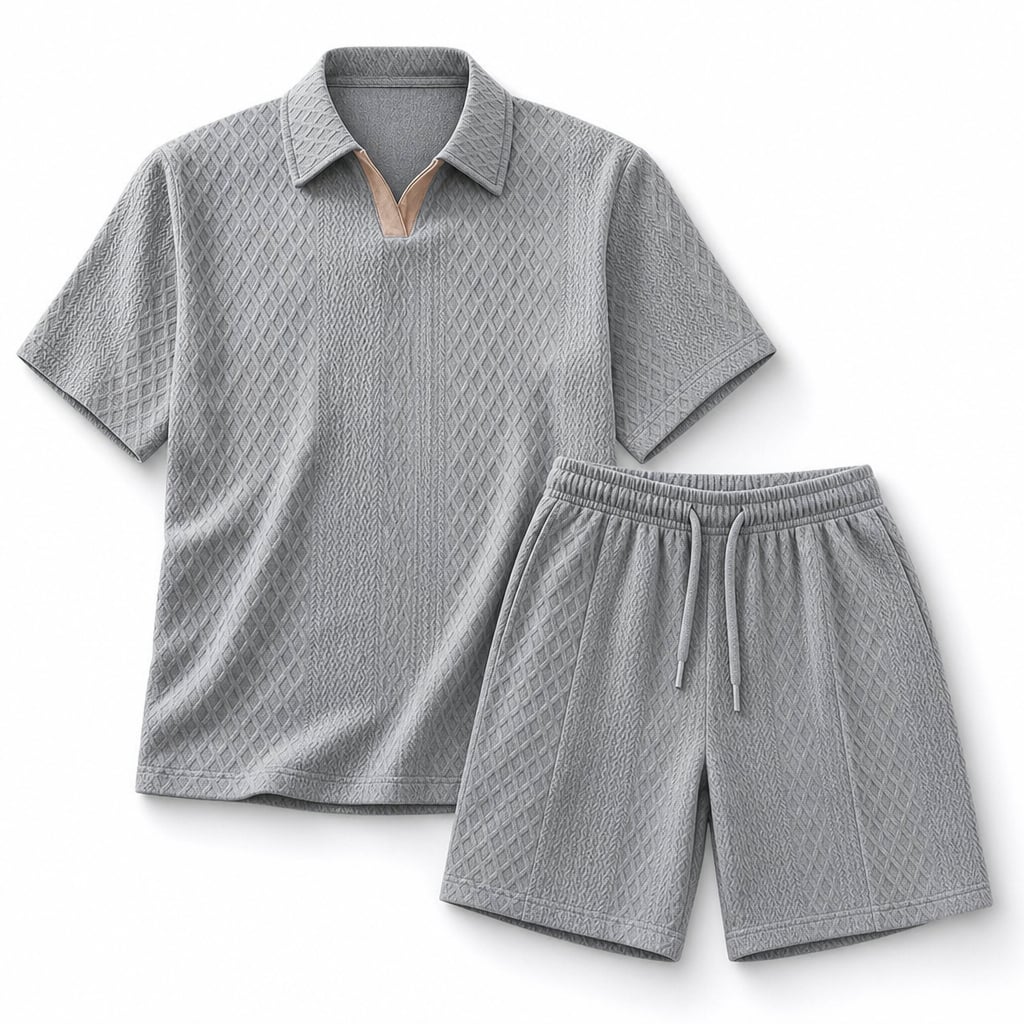 Mens Short Set Knit Polo Collar Diamond Pattern Gray – Product Photo
